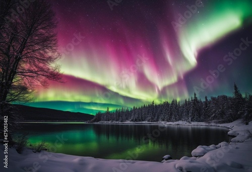 AI generated illustration of a breathtaking view of the northern lights over a glistening lake