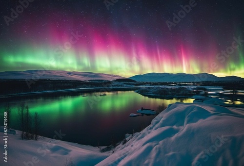 AI generated illustration of a breathtaking view of the northern lights over a glistening lake