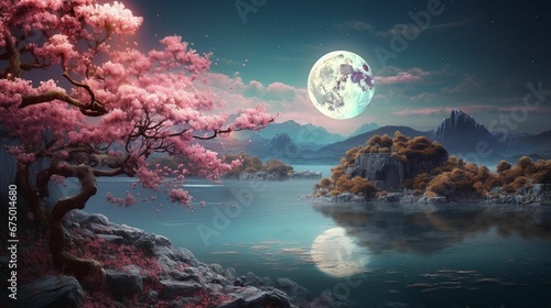 AI generated illustration of a pink tree atop a rocky cliff with a full Moon in the background photo