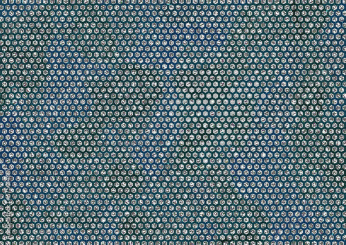 A repetitive pattern of blue and green hexagons arranged in a grid on a dark background