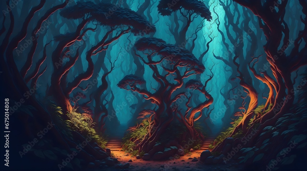 AI generated illustration of a vibrant colorful mystery forest with an alluring atmosphere