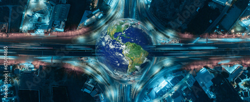 Expressway road with earth planet, Road and Roundabout. Public Modern Clever transportation and transport or commuter transport logistics concept. Elements of this image furnished by NASA. photo