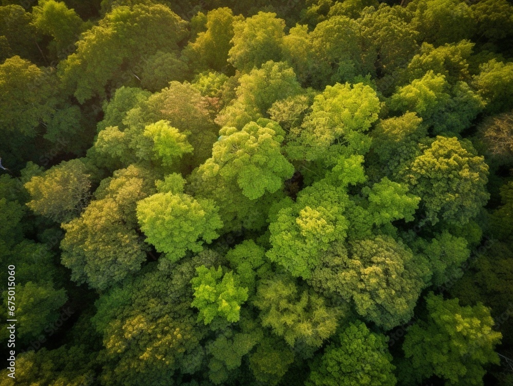 AI generated illustration of an aerial view of a lush evergreen forest on a sunny day