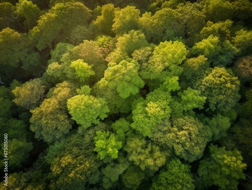 AI generated illustration of an aerial view of a lush evergreen forest on a sunny day