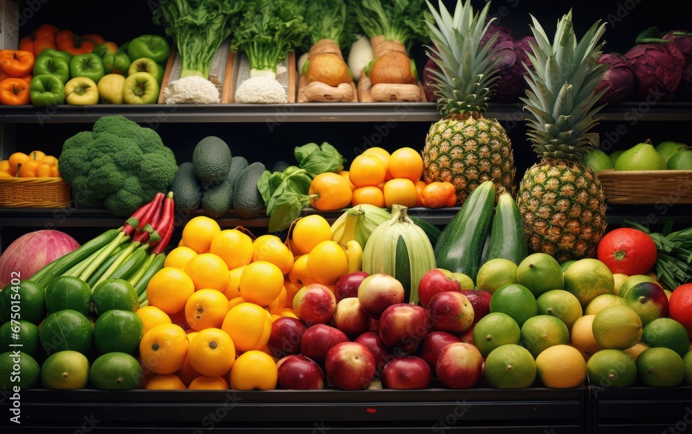 Fresh fruits and vegetables laid out on a supermarket shelf