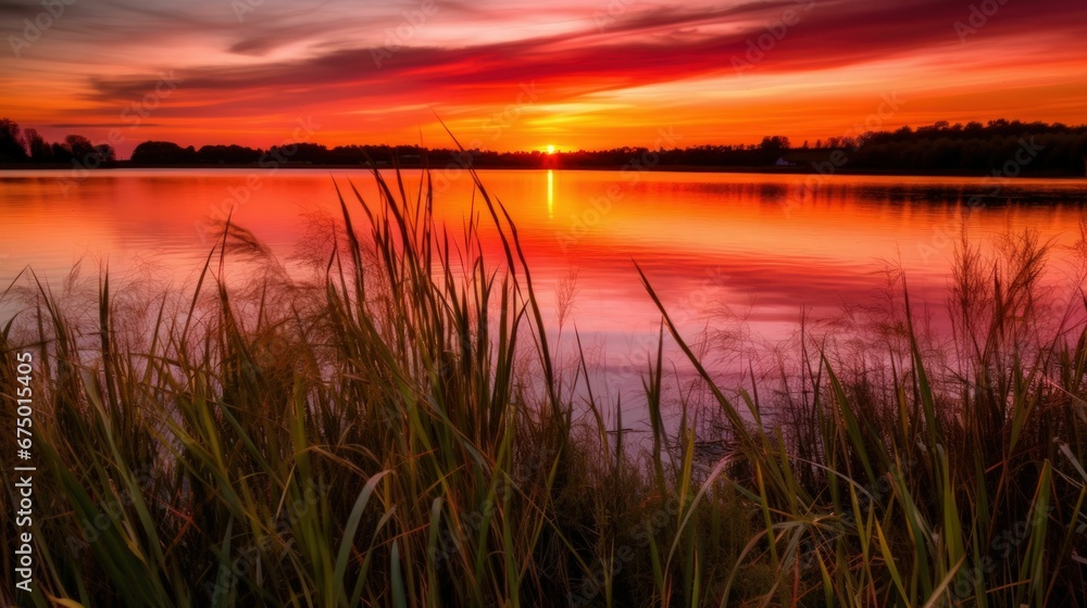 AI-generated illustration of a tranquil lake with a grassy shore during a beautiful sunset