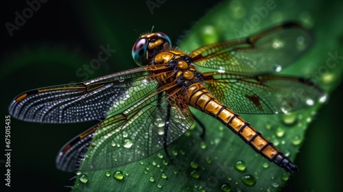 AI-generated illustration of a dragonfly on a green leaf in a field © Wirestock