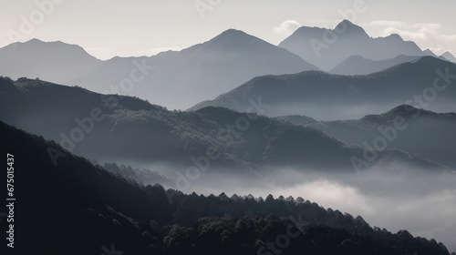 AI-generated illustration of rocky mountains covered in fog under a cloudy sky