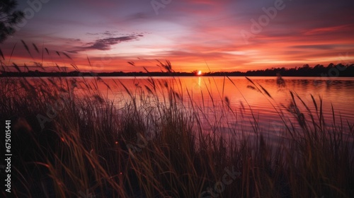 AI-generated illustration of a tranquil lake with a grassy shore during a beautiful sunset