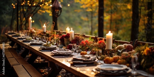 Autumn outdoor long banquet table setting in the woods with candles and flowers, fall harvest season, rustic, fete party, outside dining tablescape