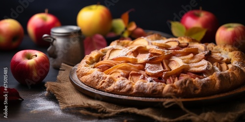 apple and cinnamon galette,Apple crostata pie with cinnamon served with fresh garden apples with leaves on rustic wooden background, horizontal composition, with copy space