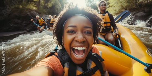 Happy young African American woman doing whitewater kayaking, extreme kayaking, concept of have fun with water sports.
