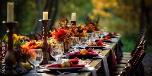 Autumn outdoor long banquet table setting in the woods with candles and flowers  fall harvest season  rustic  fete party  outside dining tablescape