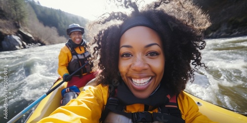 Happy young African American woman doing whitewater kayaking, extreme kayaking, concept of have fun with water sports. © Jasper W