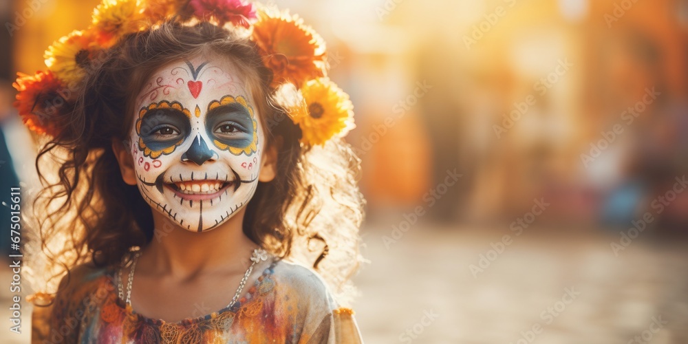 Girl with skull face paint and roses in hair celebrating Day of the Dead, wide banner, copyspace Girl with skull face paint and roses in hair celebrating Day of the Dead, wide banner, copyspace