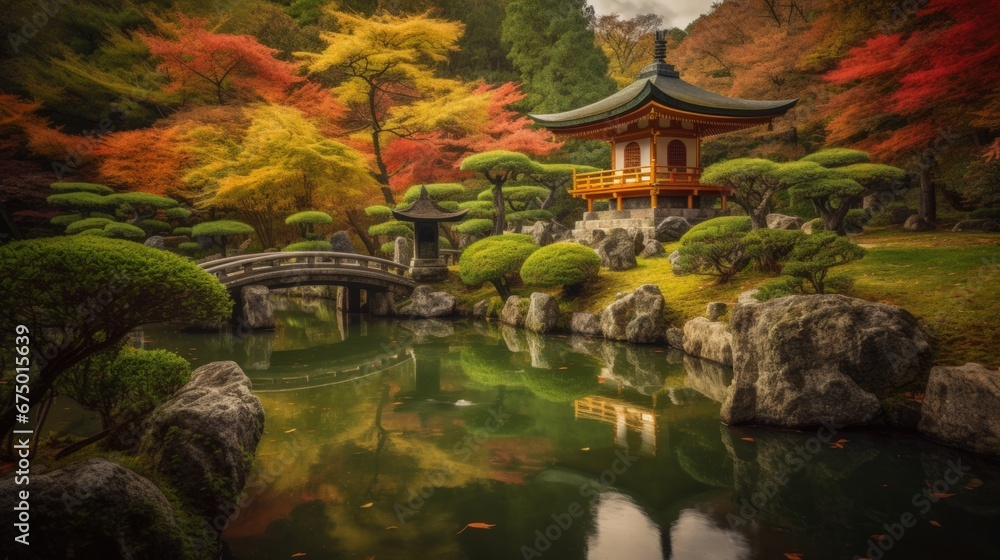 AI-generated illustration of a pond in a beautiful Asian-style garden in the evening AI-generated illustration of a pond in a beautiful Asian-style garden in the evening