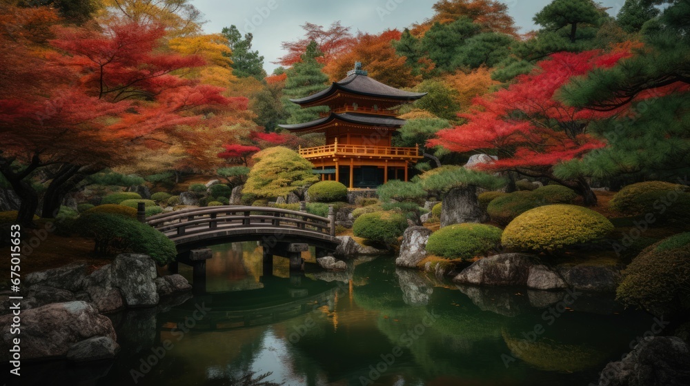 AI-generated illustration of a pond in a beautiful Asian-style garden in the evening AI-generated illustration of a pond in a beautiful Asian-style garden in the evening