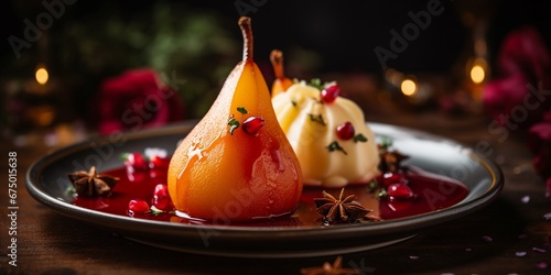 delicious yellow crystal juicy wine poached pears in spicy syrup, seasonal cooking dessert on wooden table. photo