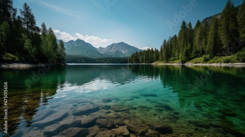 AI-generated illustration of a tranquil lake surrounded by hills and greenery