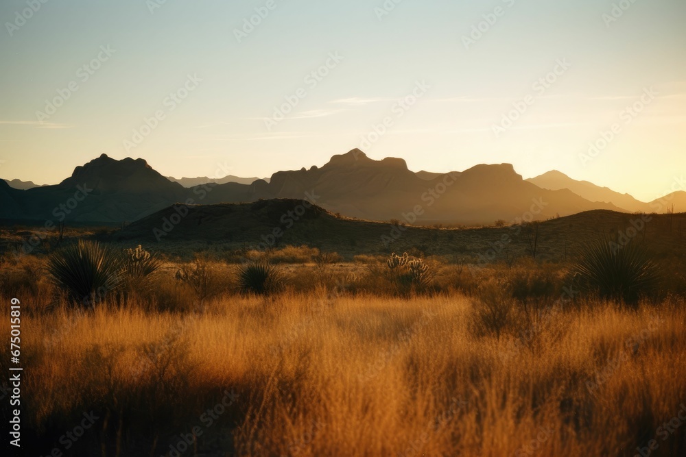 AI generated illustration of a stunning sunset over desert landscape featuring golden hued grass