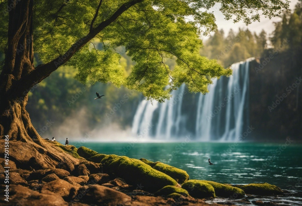 Fototapeta premium AI generated illustration of a stunning waterfall surrounded by lush green moss and towering trees