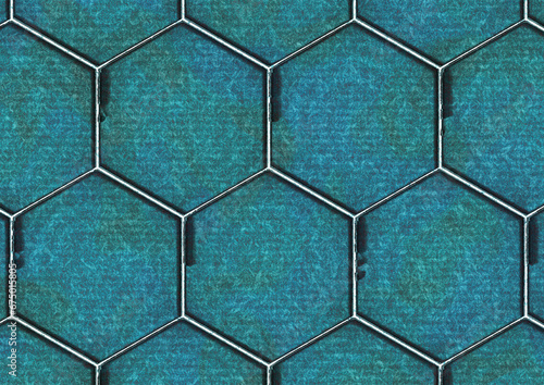 hexagonal harmony: a large-scale dance of polygons on a textured blue-green canvas