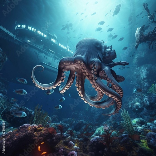 AI generated illustration of a large octopus under the water swimming near shipwrecks
