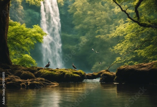 a group of birds are standing in the water below a waterfall