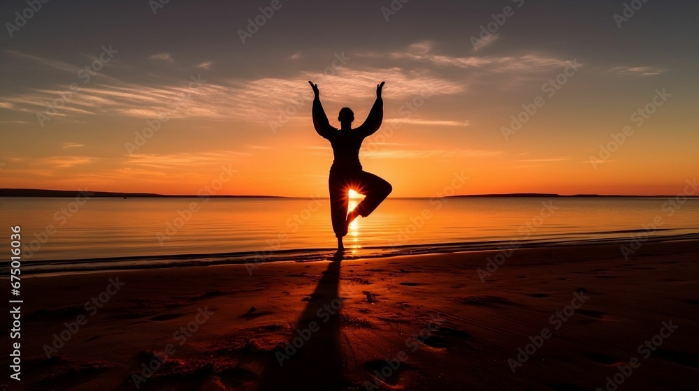 AI generated illustration of a silhouette of a person, in a meditative pose at a sandy beach AI generated illustration of a silhouette of a person, in a meditative pose at a sandy beach
