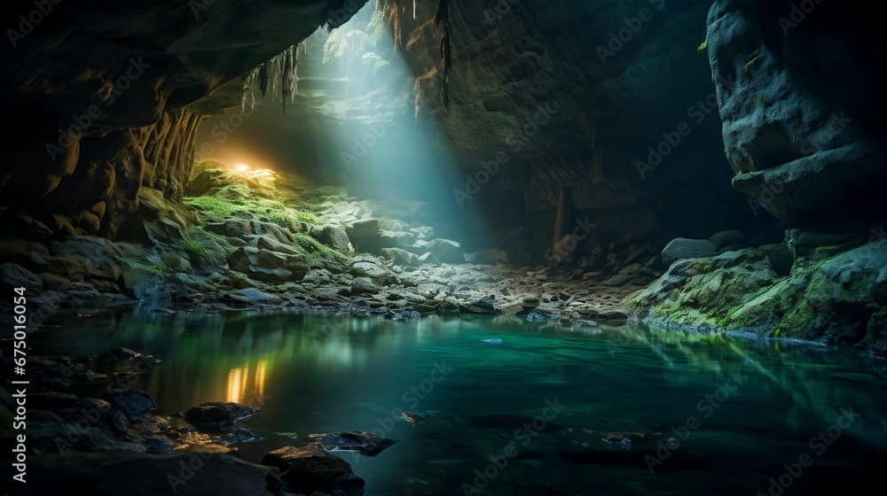 AI generated illustration of a cave with jagged rocks illuminated by a beam of light AI generated illustration of a cave with jagged rocks illuminated by a beam of light
