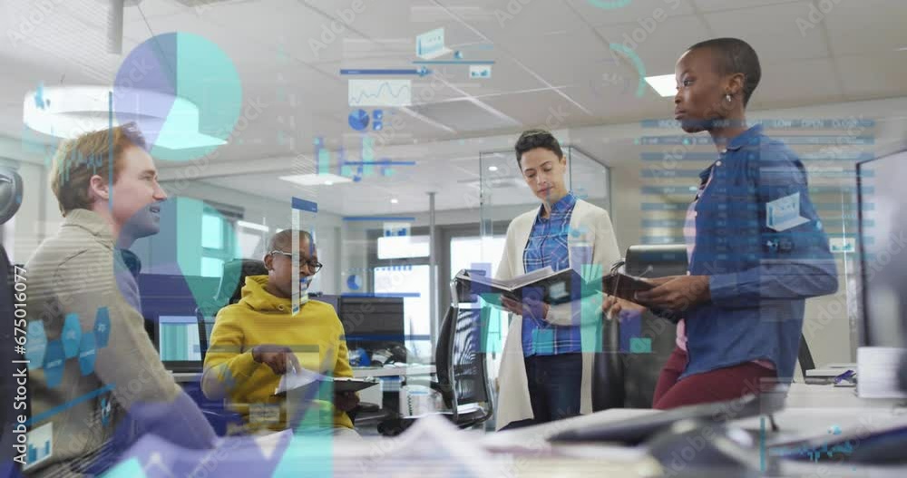 Animation of infographic interface and multiracial colleagues discussing sales report in office