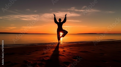 AI generated illustration of a silhouette of a person, in a meditative pose at a sandy beach © Wirestock