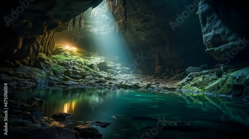 AI generated illustration of a cave with jagged rocks illuminated by a beam of light
