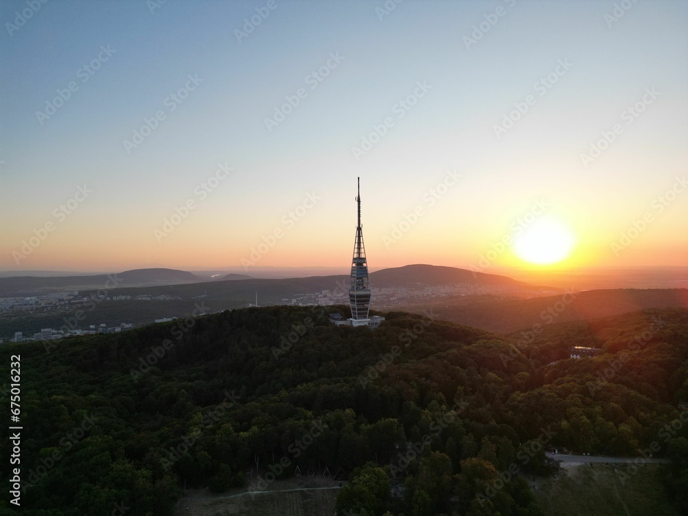 Aerial view of the TV tower of Bratislava, Slovakia at sunset