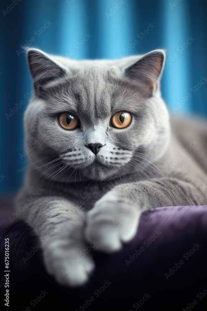 Portrait British shorthair cat in living room. Generative AI.