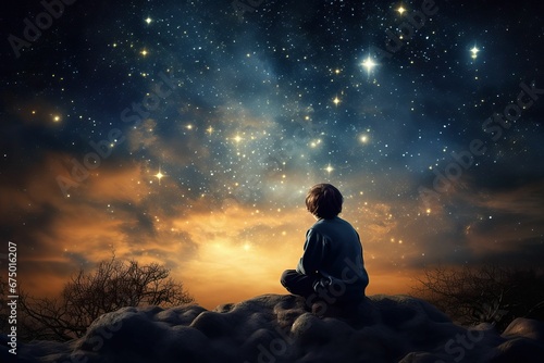 AI generated illustration of a man gazing at a spectacular night sky, filled with stars