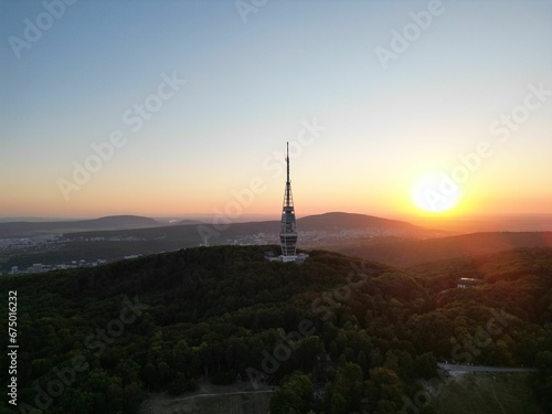 Aerial view of the TV tower of Bratislava  Slovakia at sunset