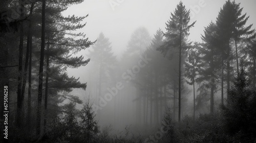 AI generated illustration of a scenic landscape featuring a vast array of tall trees in a thick fog