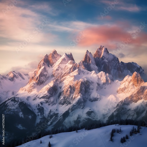 AI generated illustration of a mountain range covered with snow at pink sunset