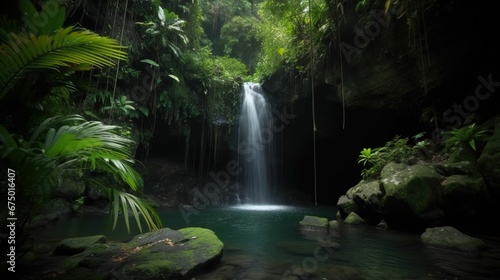 AI generated illustration of a series of cascading waterfalls in a lush, tropical jungle