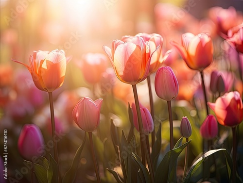 Field of tulips with sunlight background. Generative AI