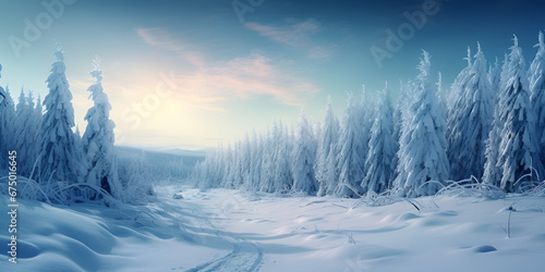 Mysterious winter landscape majestic mountains in the winter., A snowy landscape with trees covered in snow and the sky is blue Generative Ai