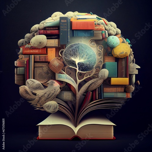 AI generated circular stack of books on open book photo