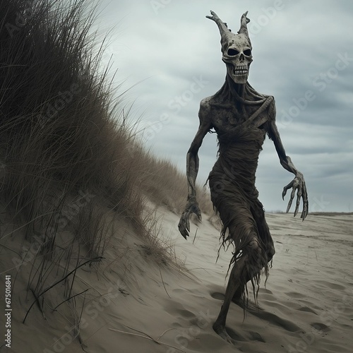 AI generated illustration of a mysterious boney wendigo walking on a gloomy sandy beach