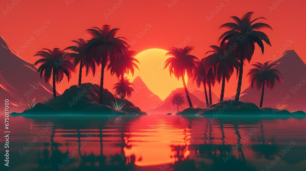 AI generated illustration of a breathtaking sunset on a tropical beach with towering palm trees