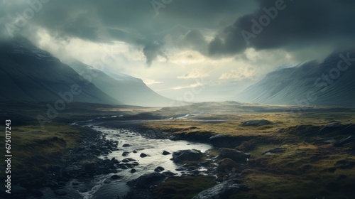 AI generated illustration of a river winding through a lush, green valley beneath a cloudy sky