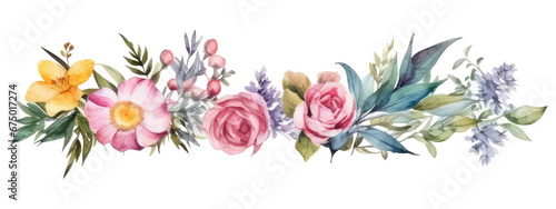 watercolor flower border isolated on transparent background