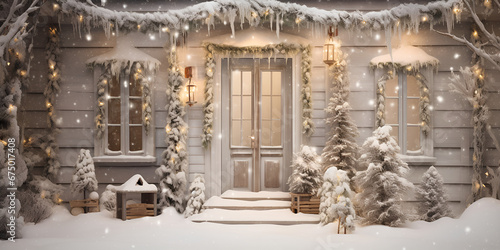 Front door with Christmas decoration, wreath and garland,, A house with limitless lanterns and lights bringing a festive spirit to the cold winter night Generative Ai © Hafiz