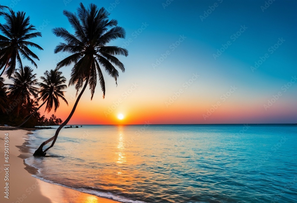 AI generated illustration of a tranquil tropical with a stunning sunset view on an idyllic island
