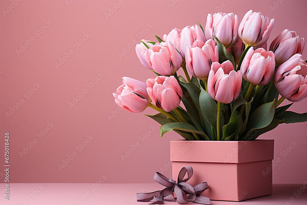 Bouquet of pink tulips and gift box on pink background. 